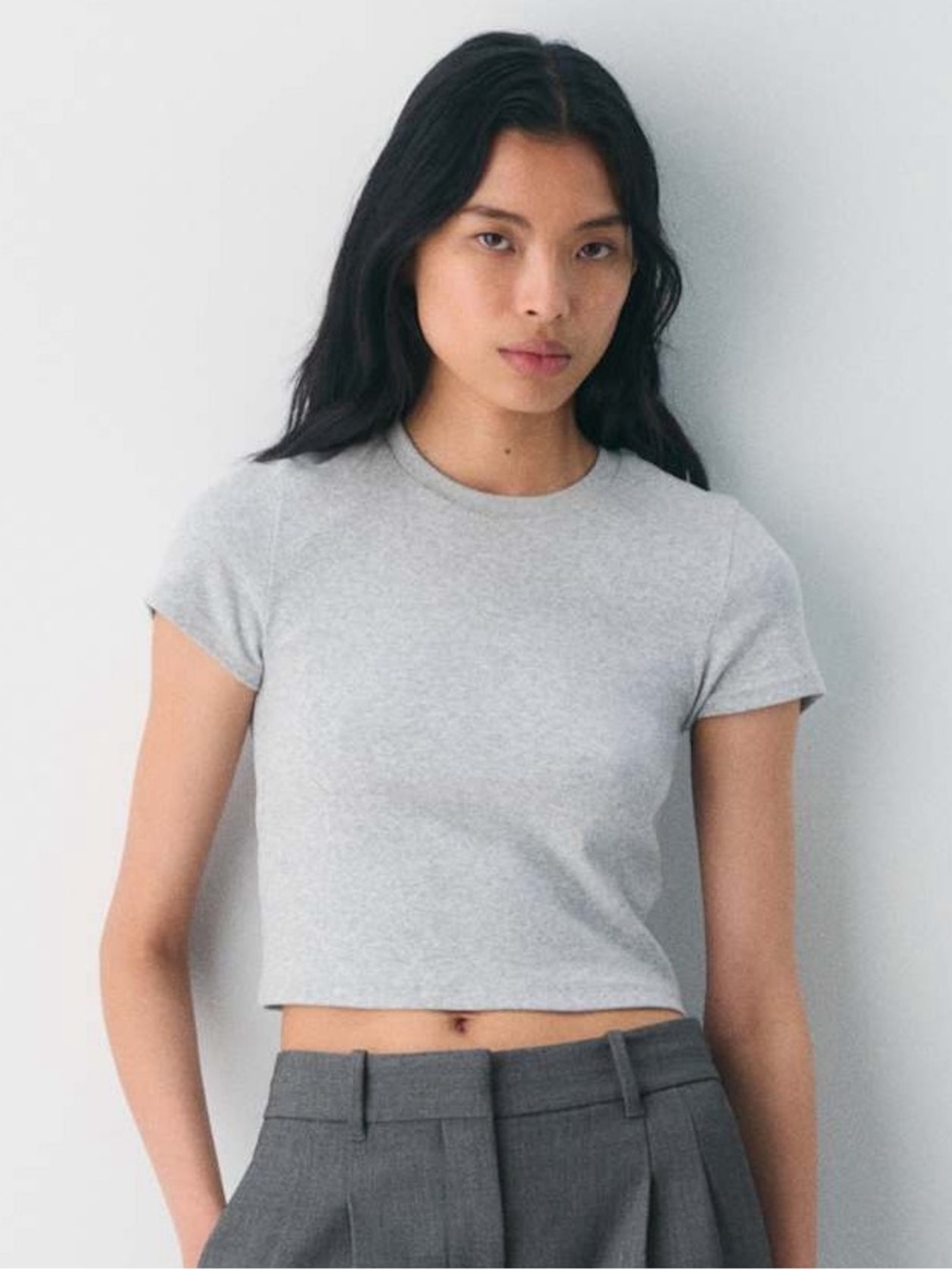 Aritzia TNA HomeStretch Ribbed Cropped Crewneck Cotton Tee Light Gray Size Large